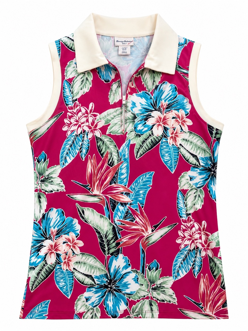 Tommy Bahama Tropical Floral Sleeveless Zip Polo - Fuchsia, Blue & White